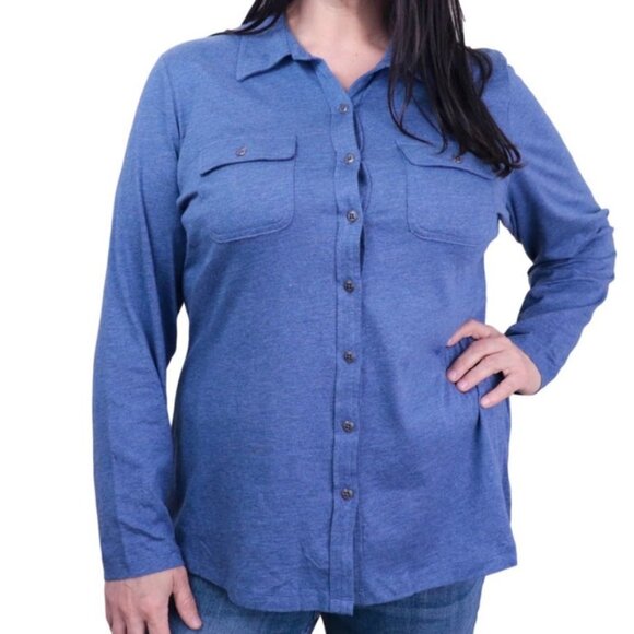 KAREN SCOTT Women's Top Cotton Stretch Button-Down Shirt Heather Indigo Size 0X - Picture 1 of 10